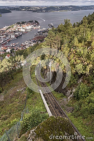 The FlÃ¸ibanen Funicular tracks and Bergen from FlÃ¸yen Mountain Stock Photo