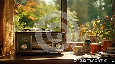 The FM channel is playing music, a stylish retro radio player stands on a wooden table. stylish kitchen in the village Stock Photo