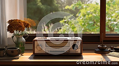 The FM channel is playing music, a stylish retro radio player stands on a wooden table. stylish kitchen in the village Stock Photo