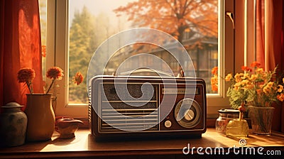 The FM channel is playing music, a stylish retro radio player stands on a wooden table. stylish kitchen in the village Stock Photo