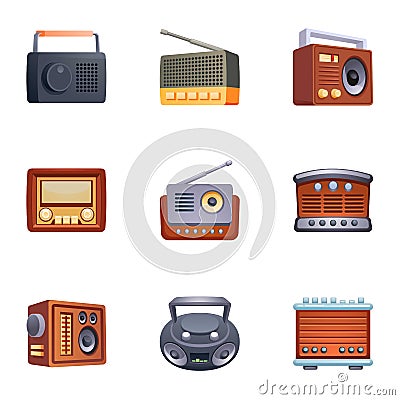 Fm radio icons set, cartoon style Vector Illustration