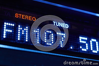 FM tuner radio display. Stereo digital frequency station tuned. Stock Photo