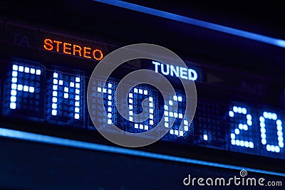 FM tuner radio display. Stereo digital frequency station tuned. Stock Photo