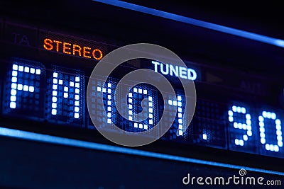 FM tuner radio display. Stereo digital frequency station tuned. Stock Photo