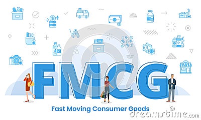 Fmcg fast moving consumer goods concept with big words and people surrounded by related icon spreading Cartoon Illustration