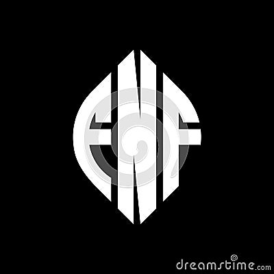 FNF circle letter logo design with circle and ellipse shape. FNF ellipse letters with typographic style. The three initials form a Vector Illustration