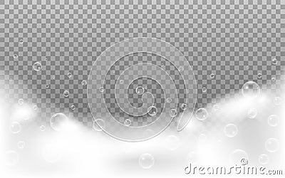 Foam bubbles on transparent background. Realistic soap effect or shampoo. Shower concept for advertising. White bubbles Vector Illustration