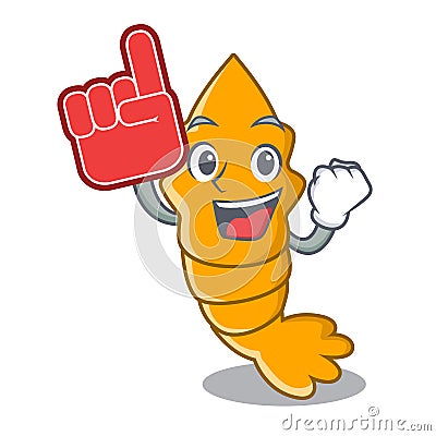 Foam finger steamed fresh raw shrimp on mascot cartoon Vector Illustration