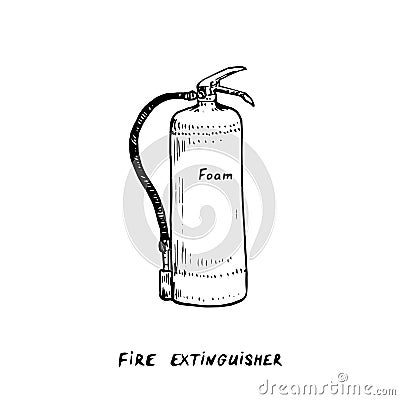 Foam fire extinguisher type, ink drawing illustration isolated on white wiht inscription Vector Illustration