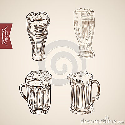 Foamy beer glasses engraving lineart vector retro vintage Vector Illustration