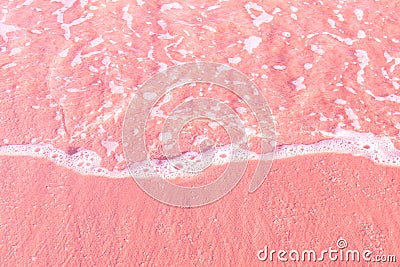 Foamy clear sea wave rolling to pink sand shore beach. Aerial view from above. Beautiful tranquil idyllic scenery. Tropical nature Stock Photo