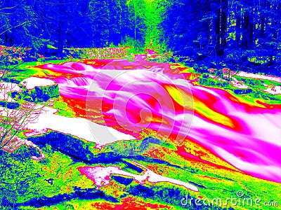 Foamy water level of waterfall, curves between boulders of rapids. Water of mountain river in infrared photo. Amazing thermography Stock Photo