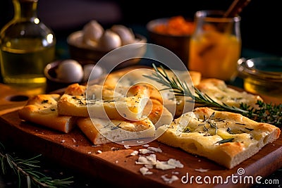 Focaccia - Flatbread topped with olive oil, salt, and various herbs or toppings Stock Photo