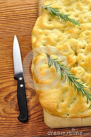 Focaccia with rosemary, olive oil and coarse salt Stock Photo