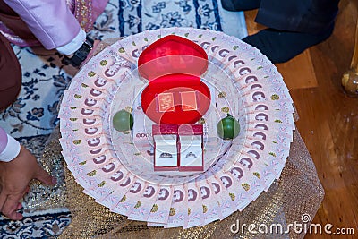 Focus bride price in Thai wedding ceremony, gold necklace Stock Photo