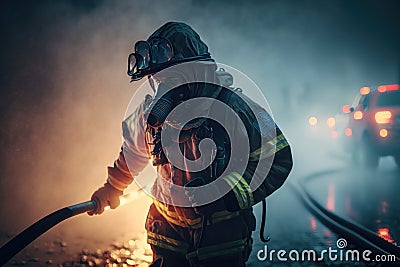 Focus of firefighter with water hose extinguishing fire on street. AI Generation Stock Photo