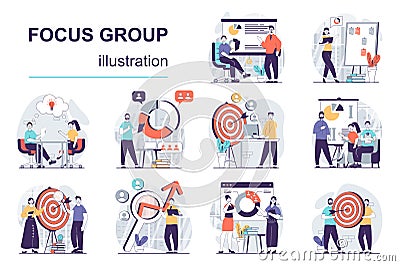 Focus group concept with character situations mega set. Vector illustrations Vector Illustration