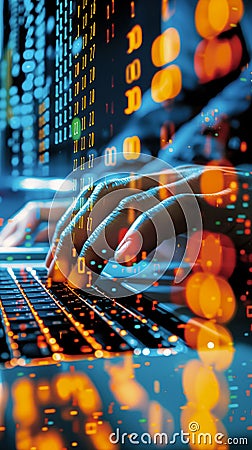 A close-up of a hand typing on a laptop keyboard with binary digits and colorful lights in a dark, digital environment Stock Photo