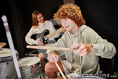 focus on joyful cute teenage boy Stock Photo