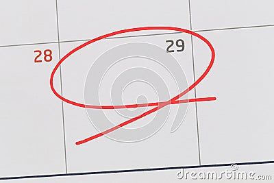 Focus on number 29 in calendar and empty red ellipse. Stock Photo