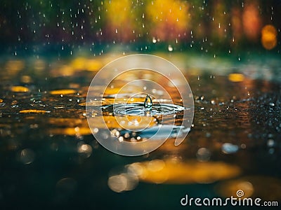 focus on raindrop falling in water pond with yellow leaves rain ripples macro autumn nature background blur Stock Photo