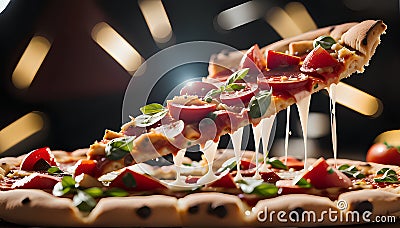 Focus of slightly raised slice of delicious pizza with stringy cheese - Italian food Stock Photo