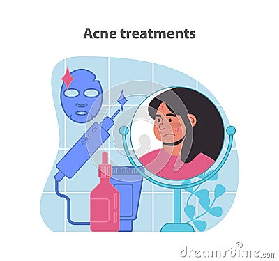 Focused acne treatment process. Woman reviewing her facial skin condition. Vector Illustration