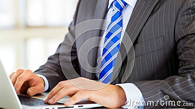 Focused businessman working on laptop in office, close up view for productivity and efficiency Stock Photo