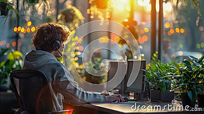 Focused call center operator engaging with clients, surrounded by data screens Stock Photo