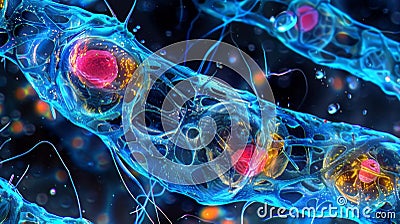 Focused on the cells cytoplasm the image reveals a variety of organelles including ries endoplasmic and Golgi apparatus Stock Photo