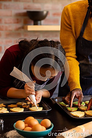 Focused diverse couple in aprons decorating christmas cookies in kitchen, copy space Stock Photo