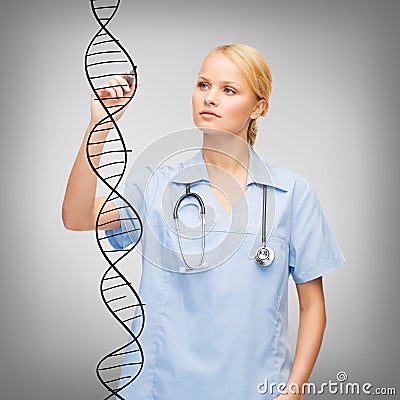 Focused doctor or nurse drawing dna molecule Stock Photo