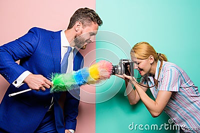 Focused on dust. Attentive reporter capture dirty reportage. Too much attention detail. Shooting through clean camera Stock Photo