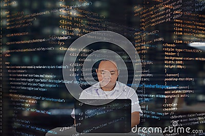 A focused with enthusiasm working male student. Web developer working at night. Nightshirt. Stock Photo