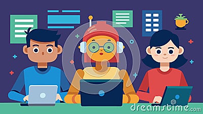With focused expressions the young programmers carefully adjust the code on their laptops as their robot creations Vector Illustration