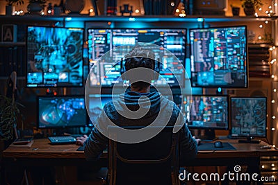 Focused Hacker Immersed in Digital Data Across Multiple Screens Stock Photo