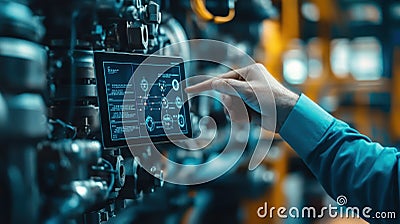 A focused image of a trainer pointing at a tablet screen with the AR application projecting colorful annotations Stock Photo