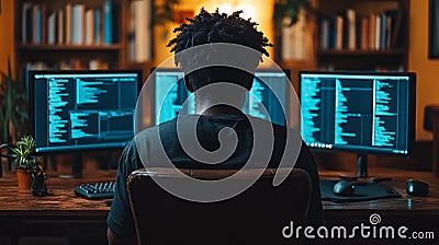 focused individual works on multiple computer screens, immersed in coding Generative AI Stock Photo