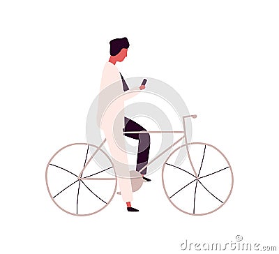 Focused man using smartphone sitting on bicycle vector flat illustration. Busy male in black and white suit holding Vector Illustration