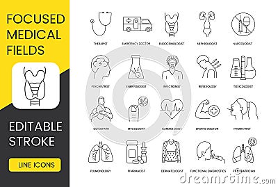 Focused medical fields, medical professions icons set, editable stroke, pulmonology and dermatologist, cardiologist and Stock Photo