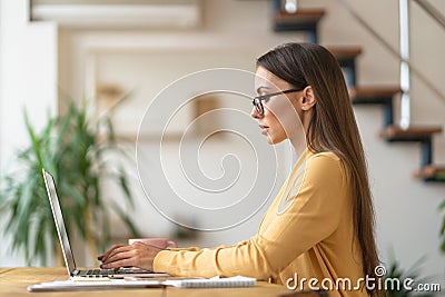 Focused millennial woman in glasses sitting on table, remote work on laptop, analyzing project statistics information, replies to Stock Photo