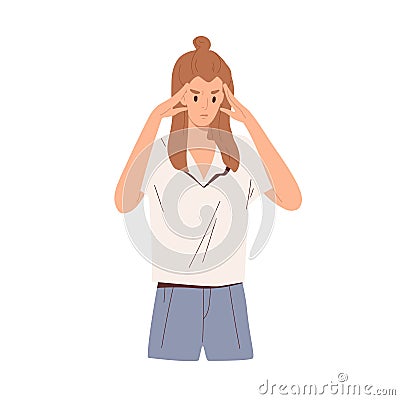 Focused pensive person thinking with fingers on temples, solving problems and tasks. Concentrated thoughtful tensed Vector Illustration
