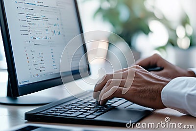 A focused programmer is diligently working on writing code while using a modern computer set up in a bright and airy Stock Photo