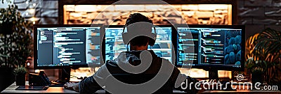 Focused Programmer Working Late at Night on Multiple Monitors A programmer is focused on their work late at night in front o Stock Photo