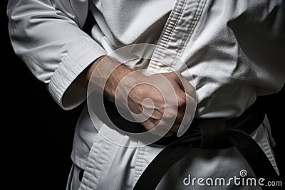 focused shot of a krav maga belt knot against a white uniform Stock Photo