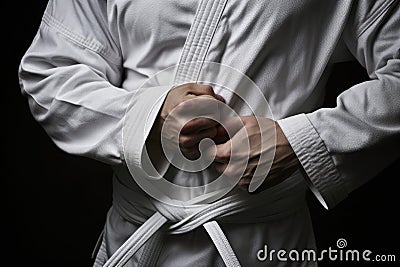 focused shot of a krav maga belt knot against a white uniform Stock Photo