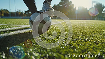 A focused shot of a players cleats maneuvering the ball on the stadiums lush green grass Stock Photo