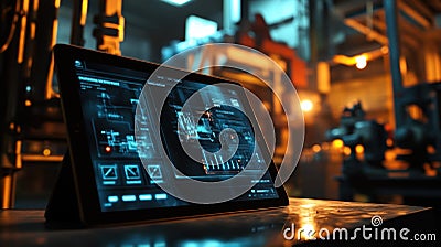 A focused shot of a tablet screen with an engaging elearning course about CNC machining processes displaying visual aids Stock Photo