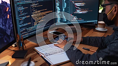 Software Developer Working on Code in Dual Monitor Setup AIG41 Stock Photo