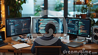 Software Developer Working on Code in Dual Monitor Setup AIG41 Stock Photo